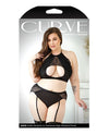 Curve Sadie Lace Overlay Keyhole Halter Top & Gartered Panty Black