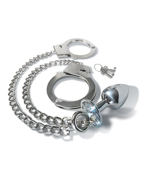 Nixie Metal Butt Plug W/inlaid Jewel & Fur Cuff Set - Silver Metallic