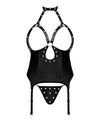 Lust Mistress Cupless Corset W/velcro Choker Collar, Metal Garters & G-string Black