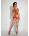 Strappy Elastic Garter Dress W/front Zipper Closure & G-string Red O/s